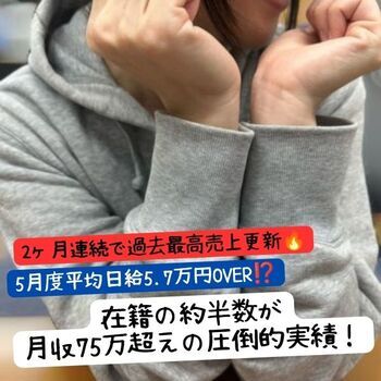 【2ヶ月連続で過去最高更新！】5月度平均日給5.7万円OVER★在籍の約半数が月収75万超えの圧倒的実績！